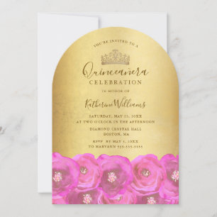 Invitation Couronne de Fleur Rose Chic Or Quinceañera