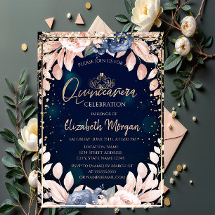 Invitation Couronne de fleurs bleues chic en or, diamants Qui
