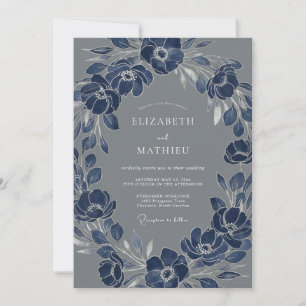 Invitation Couronne de fleurs délicate de mariage Navy