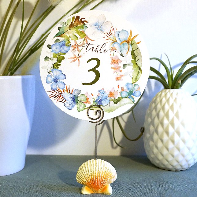 Invitation Couronne de fleurs d'Hibiscus bleu tropical numéro (tropical blue table number round floral hibiscus flowers blue green coastal hawaiian flowers floral )
