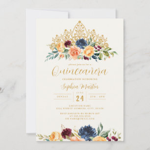 Invitation Couronne de fleurs Navy Bourgogne pour Quinceanera