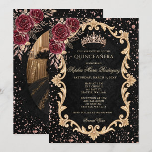 Invitation Couronne de fleurs noires rose rouge or Tiara Phot