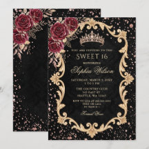 Couronne de fleurs noires roses rouges or Sweet 16