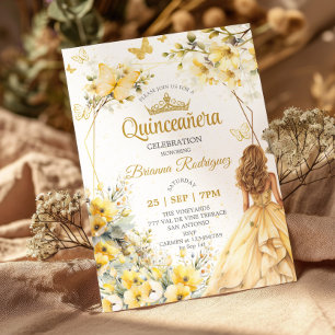 Invitation Couronne de fleurs papillon Tiara Doré Jaune Quinc