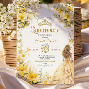 Invitation Couronne de fleurs papillons jaune doré pour Quinc