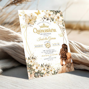 Invitation Couronne de fleurs papillons Quinceañera beige dor