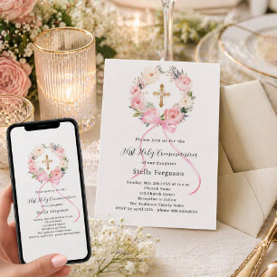 Invitation Couronne de fleurs rose en ruban croisé pour fille