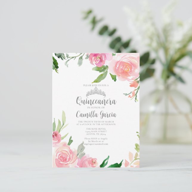 Invitation Couronne de Fleurs Rose pour Quinceañer (Debout devant)