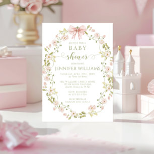 Invitation Couronne de fleurs roses avec noeud pour Baby Show