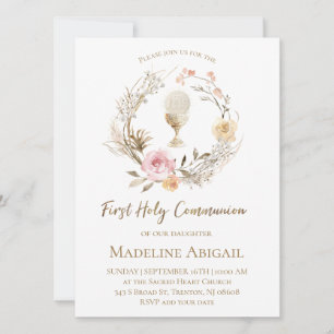 Invitation couronne de fleurs roses beige Première Communion