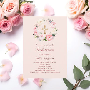 Invitation Couronne de fleurs roses croix Confirmation