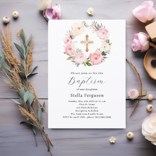 Invitation Couronne de fleurs roses pour la croix de baptême