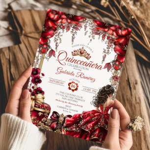 Invitation Couronne de fleurs Rouge Dorée Quinceañera