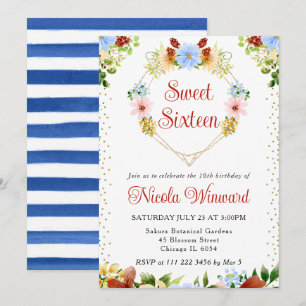 Invitation Couronne de fleurs rouges, bleues et jaunes pour S