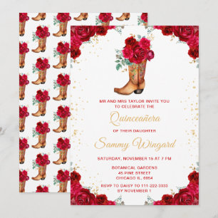 Invitation Couronne de fleurs rouges et dorées pour Quinceañe