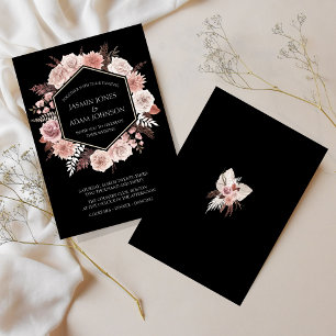 Invitation Couronne de fleurs séchées rose poussiéreuse noire