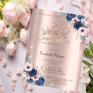 Invitation Couronne de gouttes de paillettes en or rose, Quin