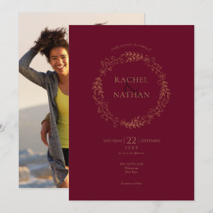Invitation Couronne de laurier bordeaux florale Photo mariage