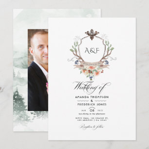 Invitation Couronne de laurier de la forêt Monogramme Photo d