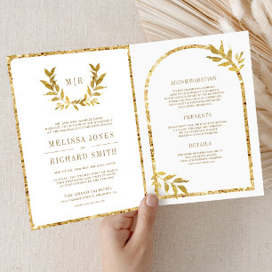 Invitation Couronne de laurier doré feuilles blanches mariage