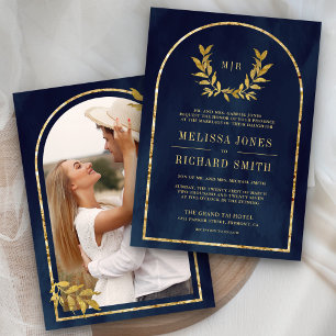 Invitation Couronne de laurier doré feuilles bleu marine Mari