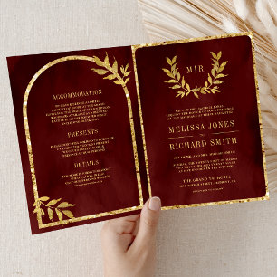Invitation Couronne de laurier doré feuilles bordeaux rouge m