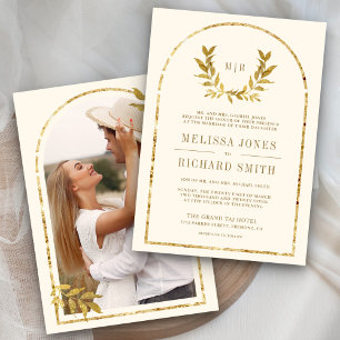 Invitation Couronne de laurier doré Feuilles Crème Mariage