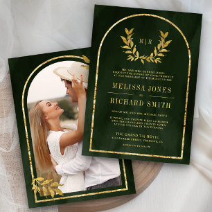 Invitation Couronne de laurier doré feuilles vert olive maria