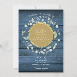 Invitation Couronne de laurier en bois rustique bleu mariage 