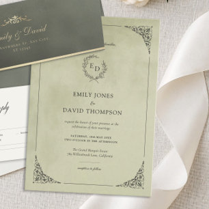Invitation Couronne de laurier en velours vert sauge mariage