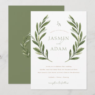 Invitation Couronne de laurier vert sauge élégante Mariage