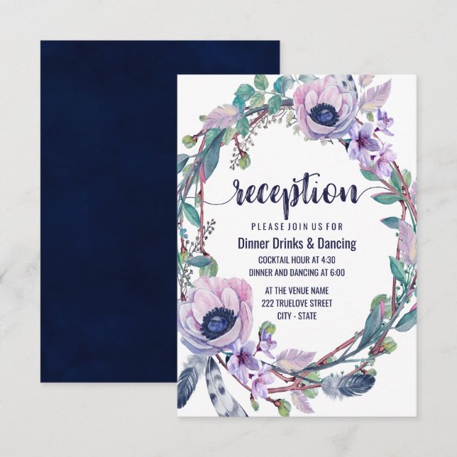 Invitation Couronne de mariage Bohème avec plumes et fleurs p (Devant / Derrière)