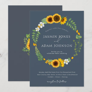 Invitation Couronne de mariage Bohème Tournesol Bleu Ardoise