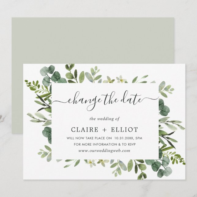 Invitation Couronne de mariage changement de date en vert euc (Devant / Derrière)