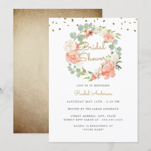 Invitation Couronne de mariage dorée et pêche scintillante