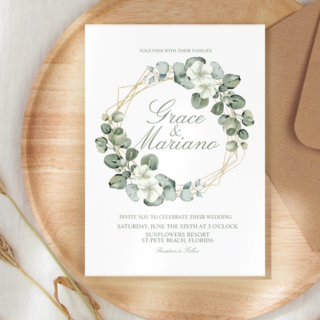 Invitation Couronne de mariage en faux or et eucalyptus à l'a (Créateur téléchargé)