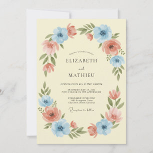 Invitation Couronne de mariage florale bleue pêche