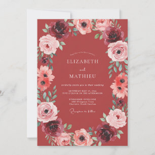 Invitation Couronne de mariage Rose Chaude Cramoisi