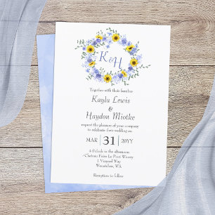 Invitation Couronne de mariage tournesols roses bleus poussié