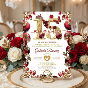 Invitation Couronne de Mis Quince 15 ans Red Golden Quinceañe