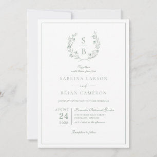 Invitation Couronne de monogramme botanique vert sauge Mariag
