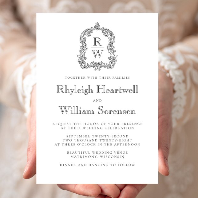 Invitation Couronne de monogramme classique Charbon et Blanc  (Créateur téléchargé)