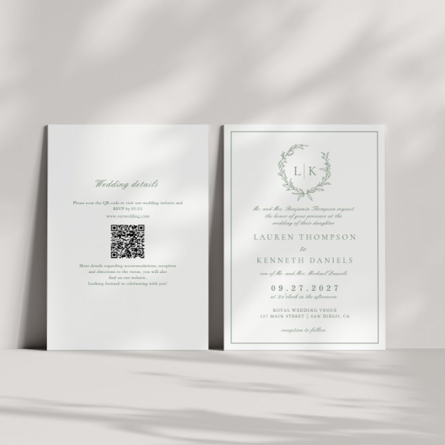 Invitation Couronne de monogramme de feuille Vert sauge Code  (Créateur téléchargé)