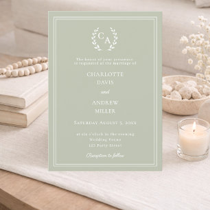 Invitation Couronne de monogramme de mariage de luxe vert sau