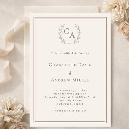 Invitation Couronne de monogramme de mariage simple taupe ivo