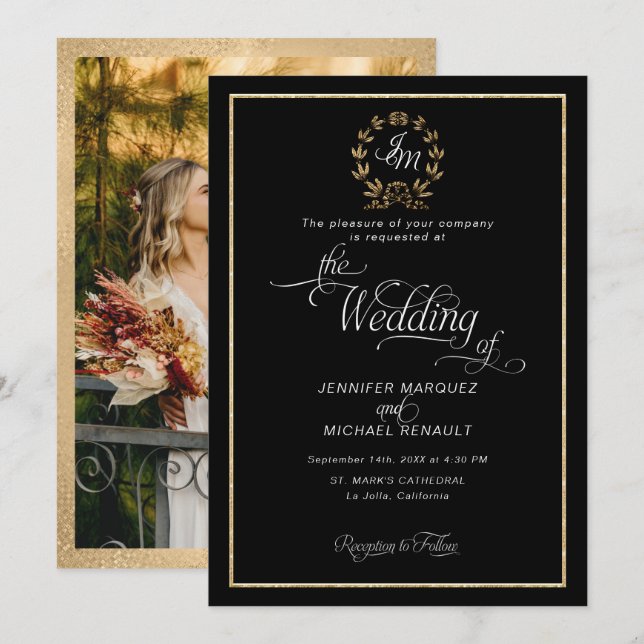 Invitation Couronne de monogramme élégante noire et or pour p (Devant / Derrière)