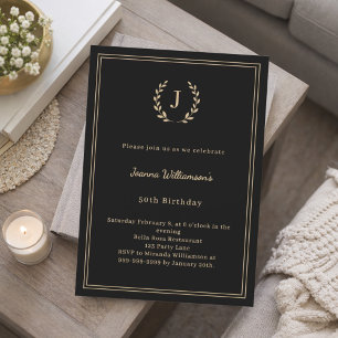 Invitation Couronne de monogramme en or noir pour un annivers