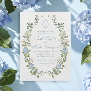 Invitation Couronne de monogramme floral d'hortensia bleu pou