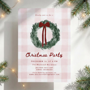 Invitation Couronne de Noël à l'aquarelle en vichy rose 