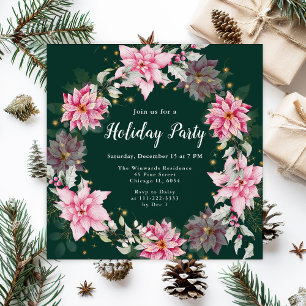 Invitation Couronne de Noël aux poinsettias roses pour fête d